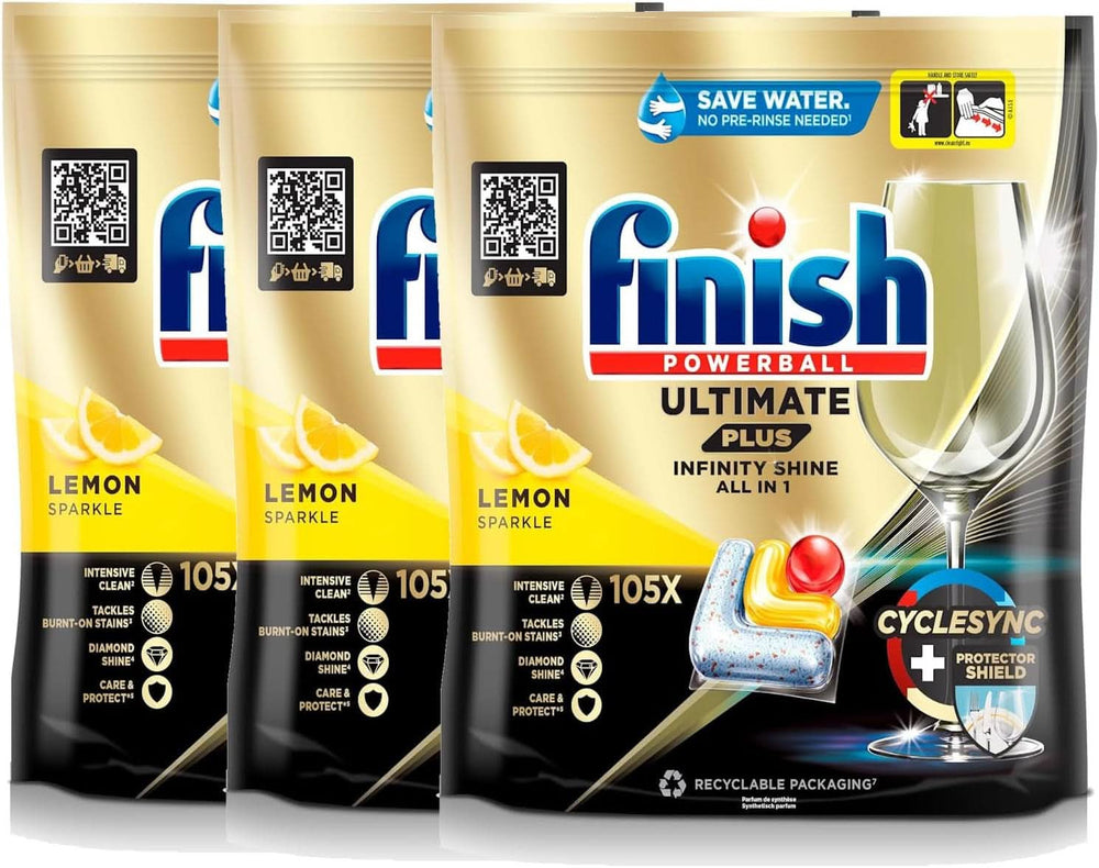 Finish Ultimate plus Infinity Shine Citrusové tablety do myčky nádobí - Tablety do myčky, intenzivní čištění - 105 kapslí, citron Sada Naty Shop 3 x 105 kapslí