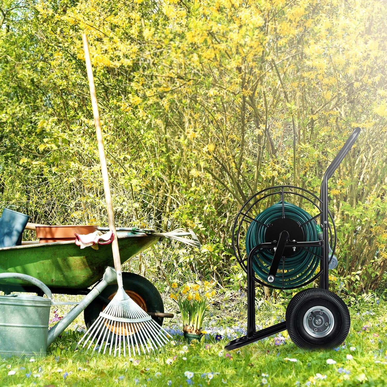 Cărucior furtun Relaxdays, rolă furtun mobilă, racord 1/2" și 3/4", furtun până la 80 m, 2 roți, metal, negru