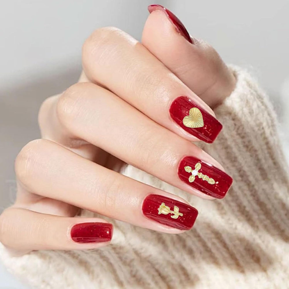 Talisane aurii pentru unghii, 80 de piese cu cruce, trandafir, inimă, pietre prețioase pentru unghii Fecioara Maria, accesorii pentru unghii din aliaj metalic pentru decorațiuni de design pentru manichiură, meșteșuguri DIY