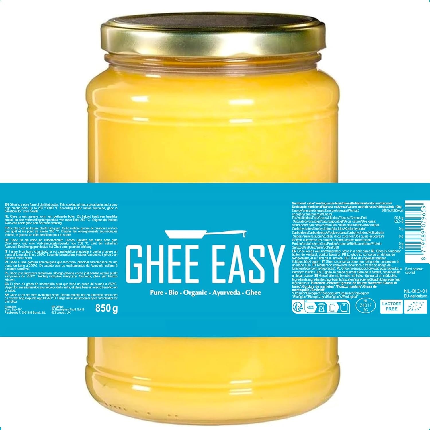 Ghee Easy 850g Ghee Bio von Grasgefütterten Kühen - Ghí máslo bez Zusatzstoffe - Zertifiziert Organisch & Biologisch - Hochreines Ayurveda Ghí bez laktózy a lepku - 100% Europäisch