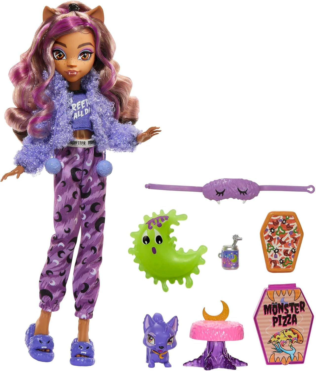 Păpușa MONSTER HIGH și accesorii pentru petrecerea în pijamale, păpușa Clawdeen Wolf cu pisică de companie, semilună, petrecere Creepover, HKY67