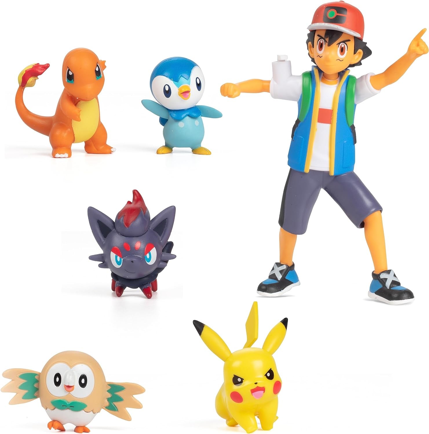 Pokémon Battle připraven! Sada 6dílných figurek - 11,4 cm Ash & Launching Pikachu, 5,1 cm Charmander, Rowlet, Piplup, Zorua - Oficiální licence - Velikonoční dárek pro děti, chlapce, dívky Akční figurky Naty Shop