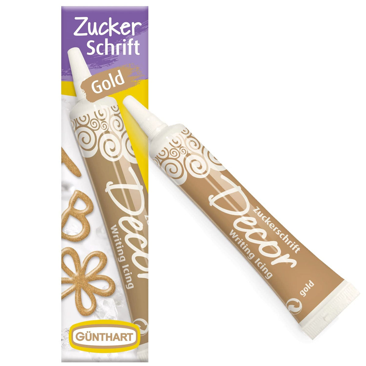 Günthart Backdecor 25 g Zahăr cu litere AUR Pentru toate deserturile în culoare aurie Fabricat din zahăr pentru litere și modele frumoase, 1 pachet (25 g)