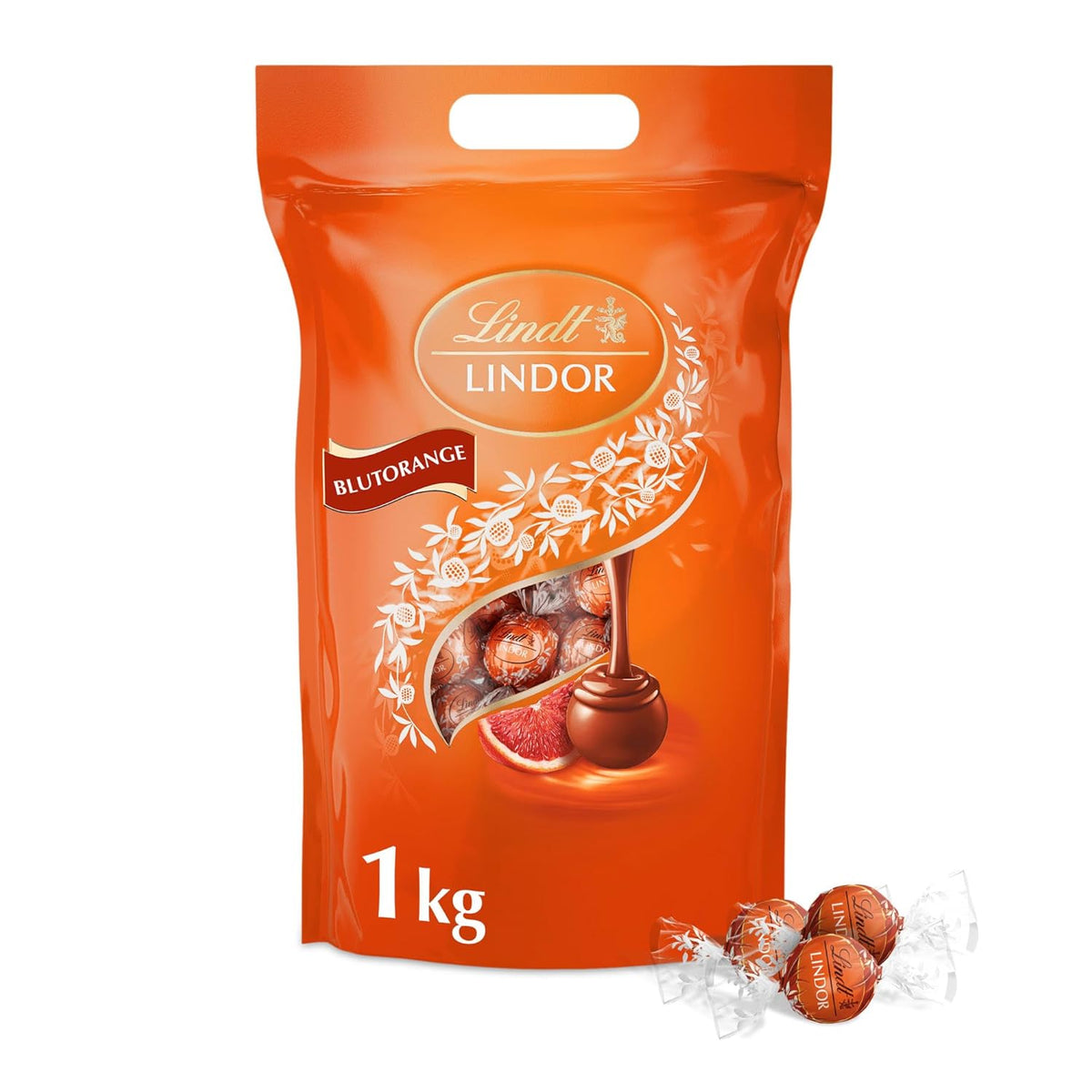 Lindt LINDOR Čokoládové kuličky červené oranžové | 1 kg uzavíratelný sáček | cca. 80 čokoládových bonbonů s náplní rozplývající se v ústech | Hromadné balení, čokoládový dárek