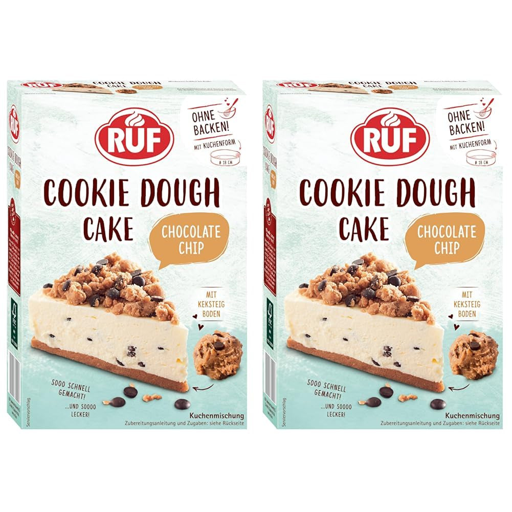 RUF Cookie Dort Ohne Backen, Tortenboden Aus Keksteig Mit Frischkäse-Creme Und Schokoladenstückchen, Inkl. Kuchenform, 1X325G Směs na pečení a vaření Naty Shop 325 G (2Er Pack) Cookie Dough Cake