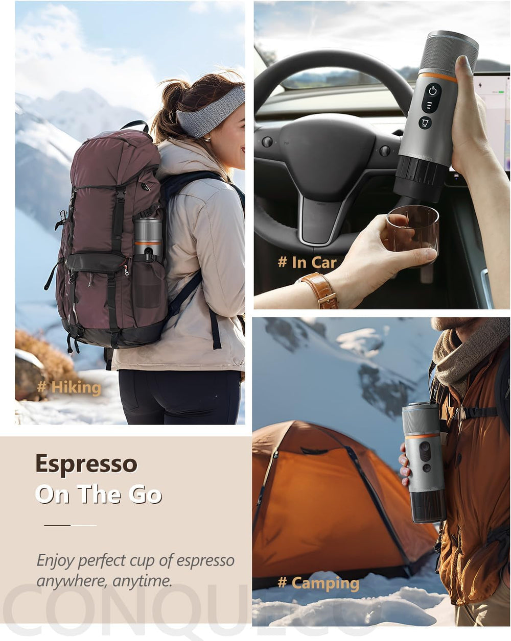 Espressor auto CONQUECO 12V: Espressor portabil cu baterie pentru camping și călătorii - Încălzire rapidă în 2,5 minute - 8 cești de espresso cu o singură încărcare
