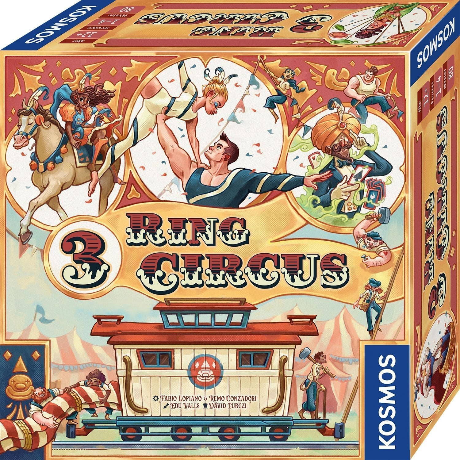 KOSMOS 684648 3-kroužková cirkusová desková hra pro dospělé 12+ Strategická hra Společenská hra pro 1-4 hráče USA Travel Circus Konec 19. století