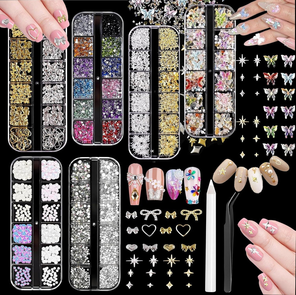 Nail Charms,6 Boxen Gold Silber Nagel Charms 3D Gold Bogen Stern Nail Art Dekoration+6200 Strasssteine Bunt Steine AB Perlen Diamanten,3D Legierung Bow Nail Gems Nagel Deko Für Frauen Nagel (6-A)