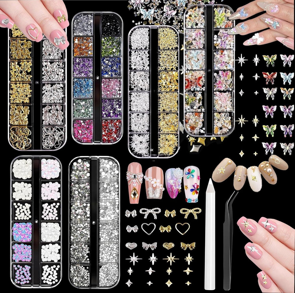 Nail Charms,6 Boxen Gold Silber Nagel Charms 3D Gold Bogen Stern Nail Art Dekoration+6200 Strasssteine Bunt Steine AB Perlen Diamanten,3D Legierung Bow Nail Gems Nagel Deko Für Frauen Nagel (6-A)
