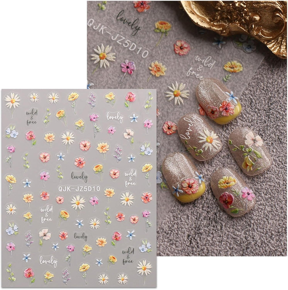 JMEOWIO 3D Nagelsticker Blumen Nail Art Sticker Selbstklebend Nagelaufkleber 5D Stereoskopisch Frühling Sommer Blumen Dekoration Nageldesign Zubehör 4 Blatt