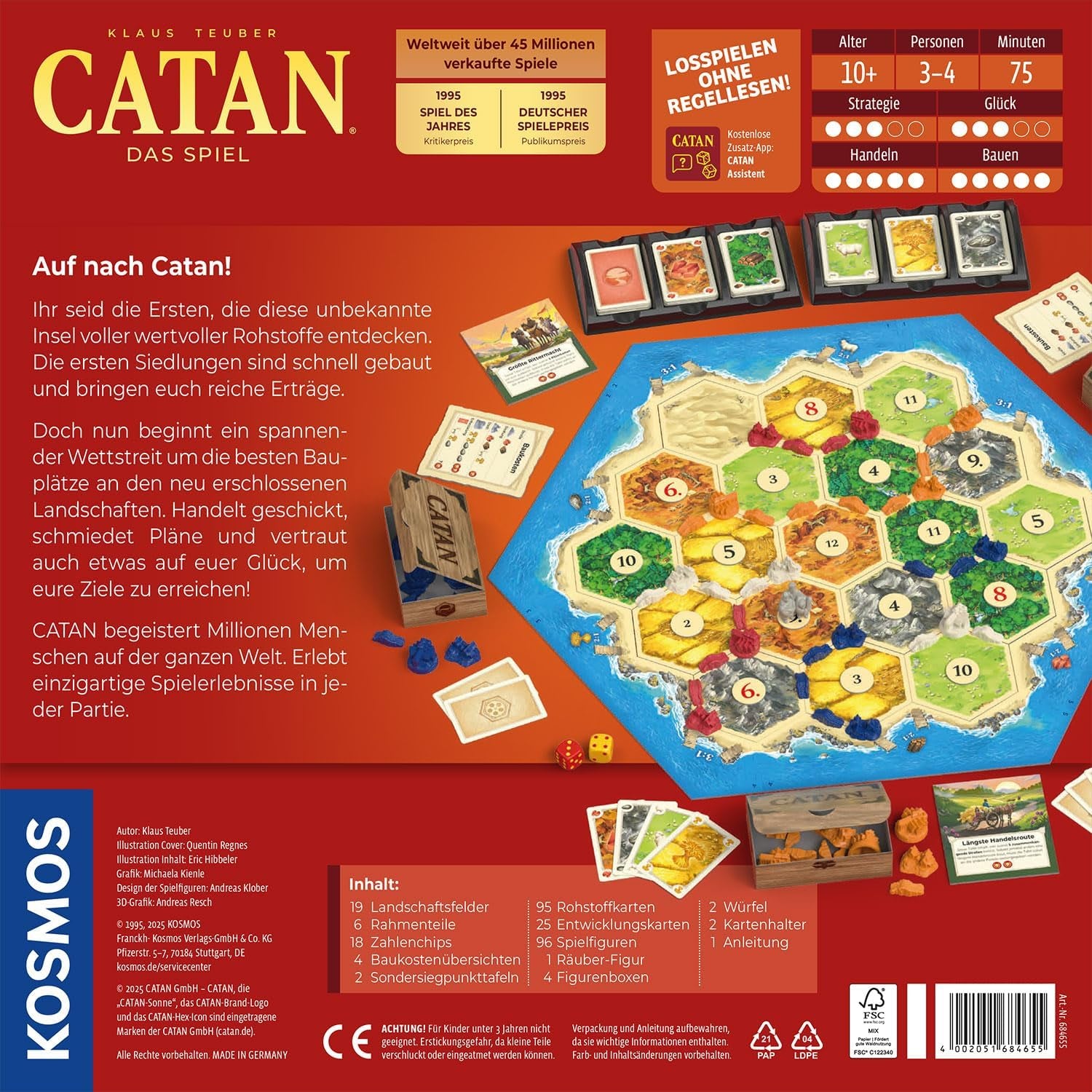 KOSMOS 684655 Catan – hra, Osadníci z Katanu, strategická hra pro 3–4 hráče od 10 let, klasická stolní hra, rodinná hra, společenská hra
