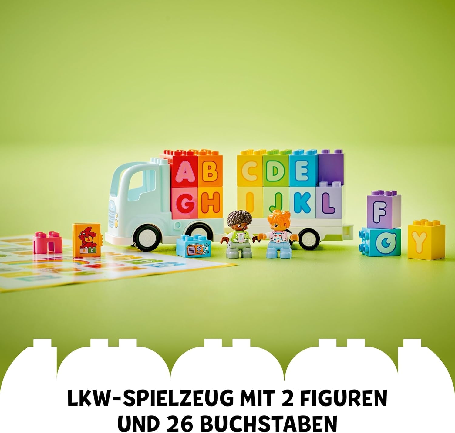 LEGO DUPLO Town ABC Truck, Lernspielzeug für Kleinkinder ab 2 Jahren, ABC-LKW-Spielzeug mit Anhänger und Buchstaben-Steinen, plus Figuren eines Jungen und eines Mädchen, Geschenk für Kinder 10421
