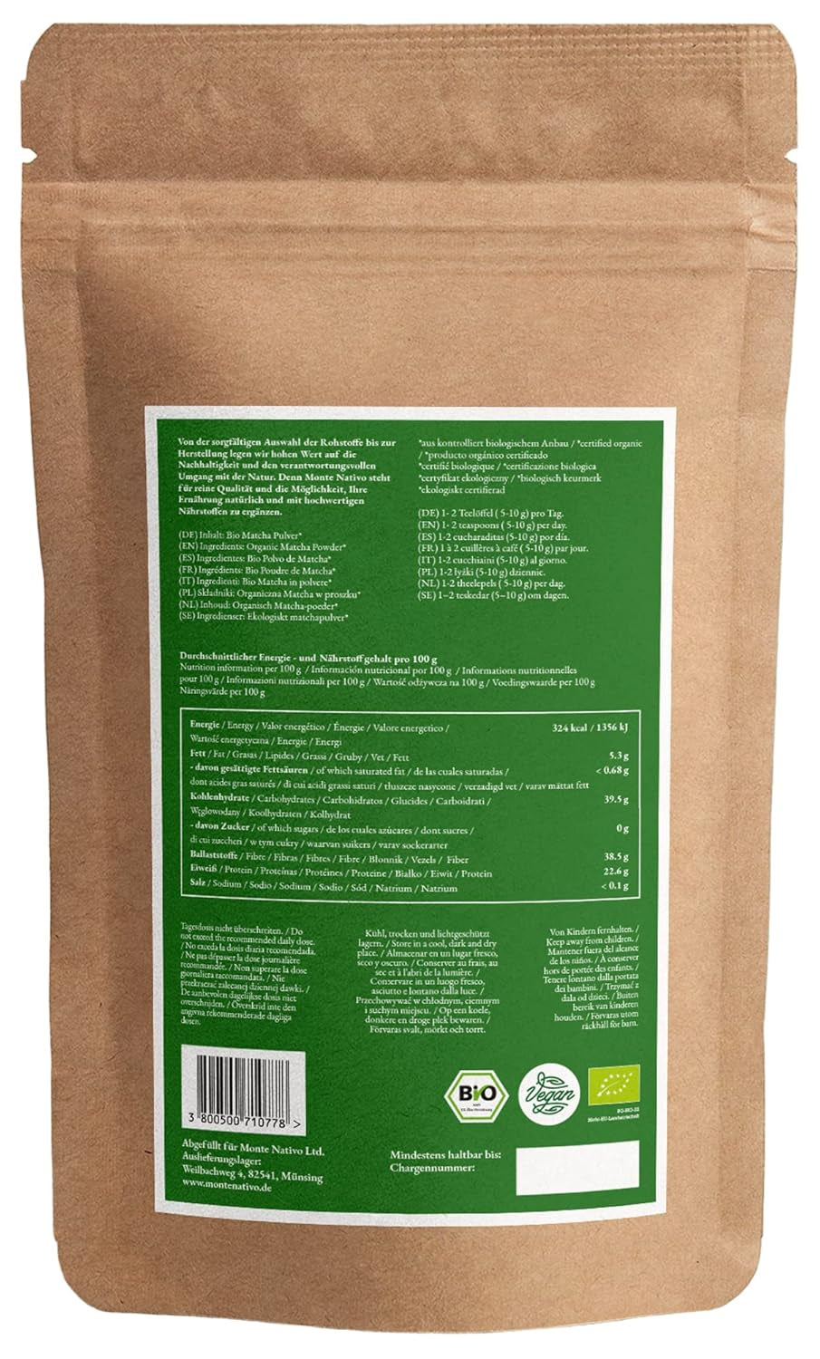 Pudră Matcha Bio Monte Nativo (100G) - Ceai Matcha pentru Latte - Ceai verde premium - 100% natural și fără aditivi