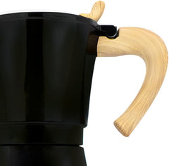 Cafetieră electrică italiană Jocca, aluminiu, 6 cești, cafetieră portabilă și manuală cu mâner din lemn, neagră, stil mocha