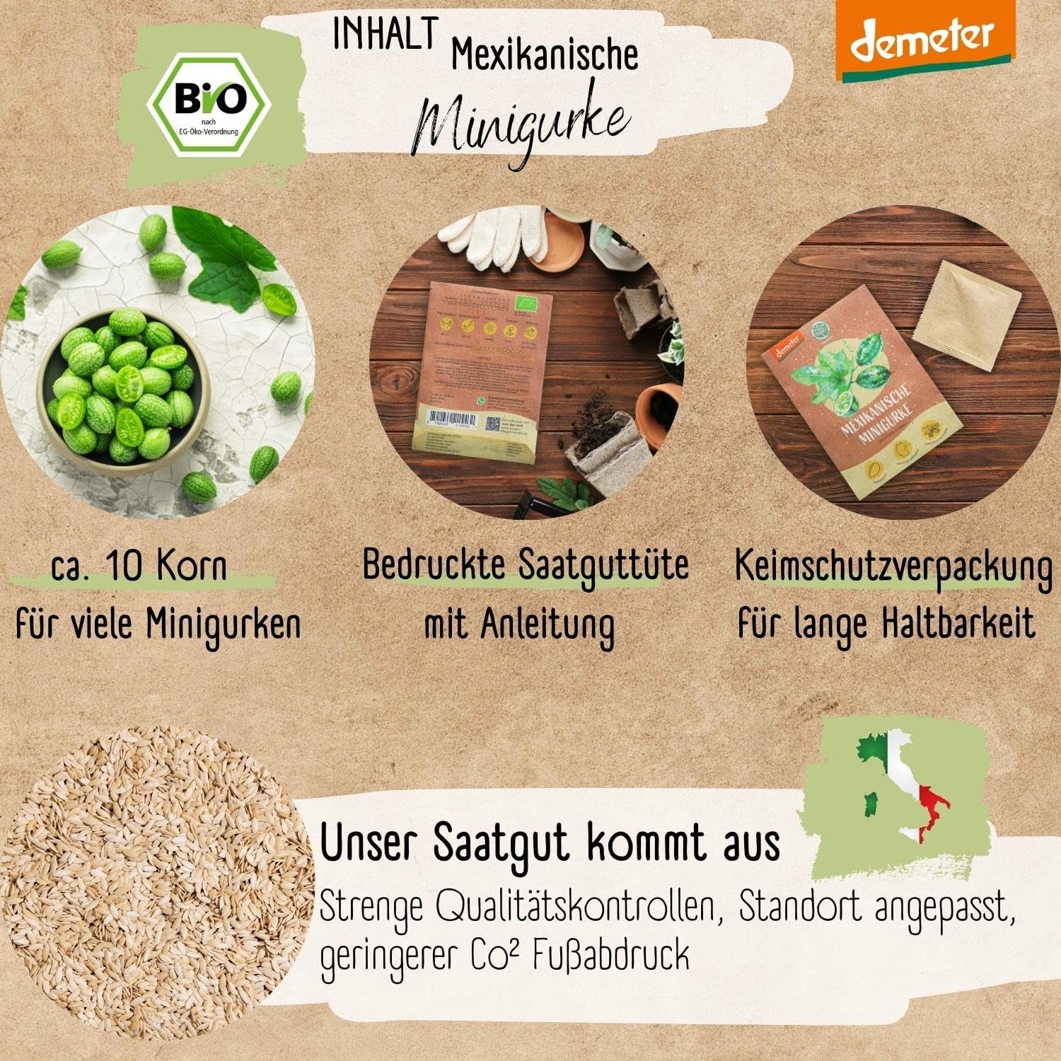 Bio mini semena mexické okurky, 10 svačinových semen okurky, vysoká klíčivost, certifikace Demeter a otevřená opylování | LOVEPLANTS Semena zeleniny na balkónové zahradě - dědičné odrůdy zeleniny