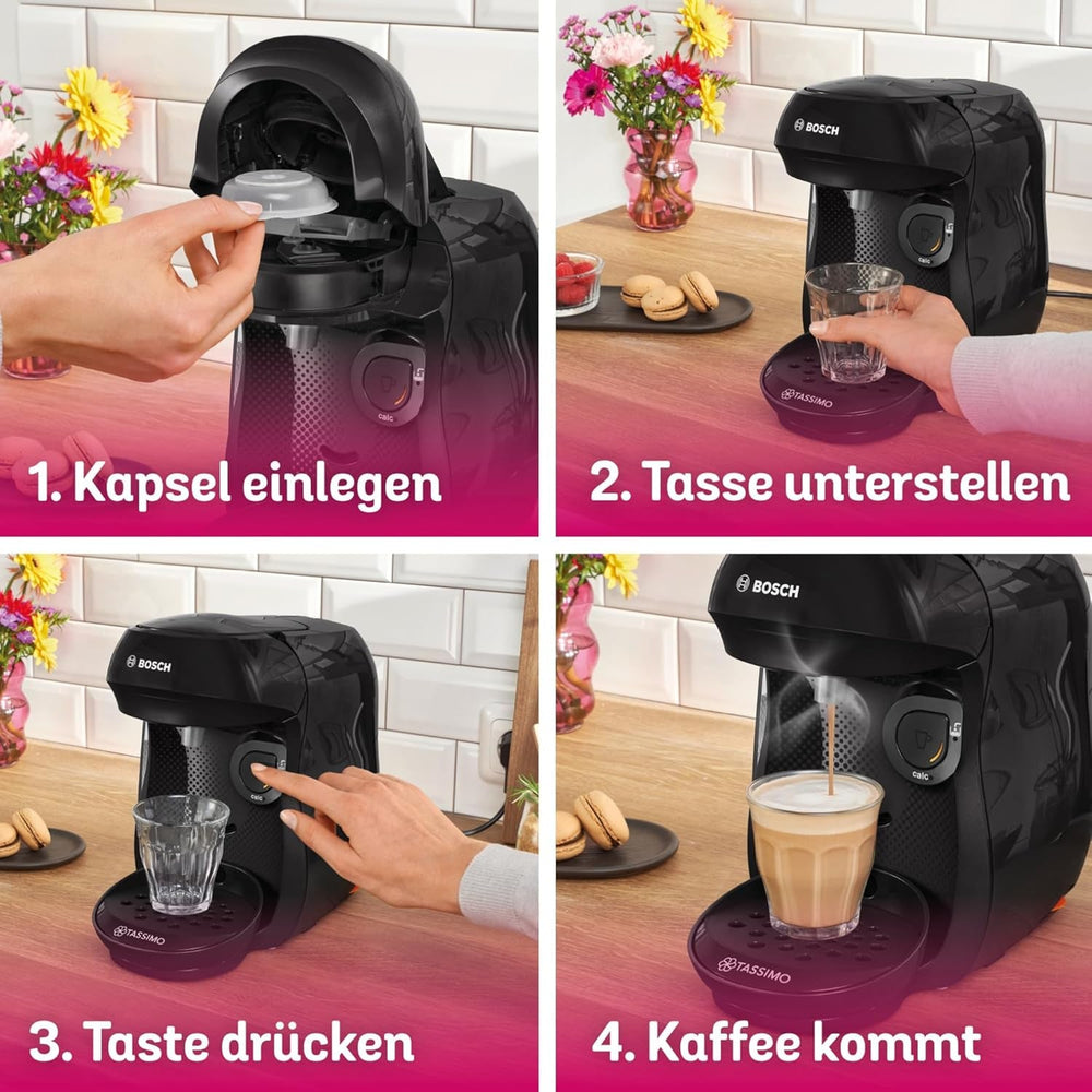Espressor cu capsule Bosch Tassimo Happy Friendly TAS102E, peste 70 de băuturi, potrivit pentru toate tipurile de cești, oprire automată, sustenabil, dozat perfect, economisește spațiu, 1400 W, negru