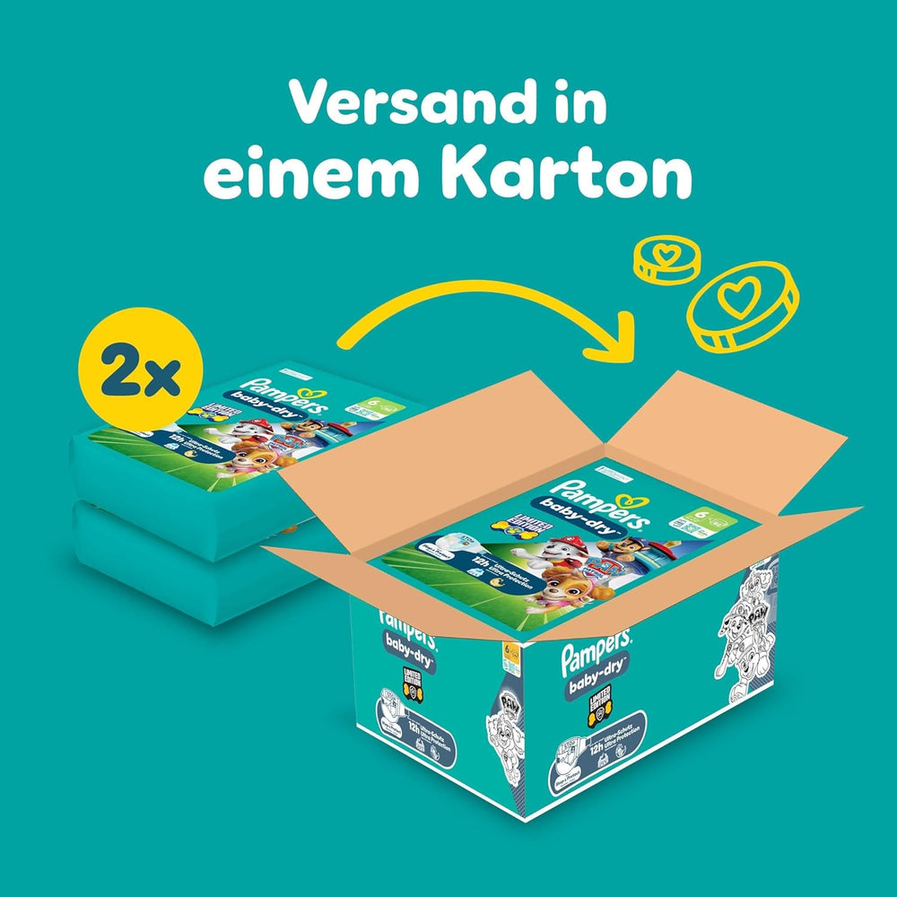 Plenky Pampers Baby-Dry Puppy Patrol Edition, velikost 6, 164 plen, 13 kg - 18 kg, až 100% ochrana proti vytečení a celonoční pohodlí