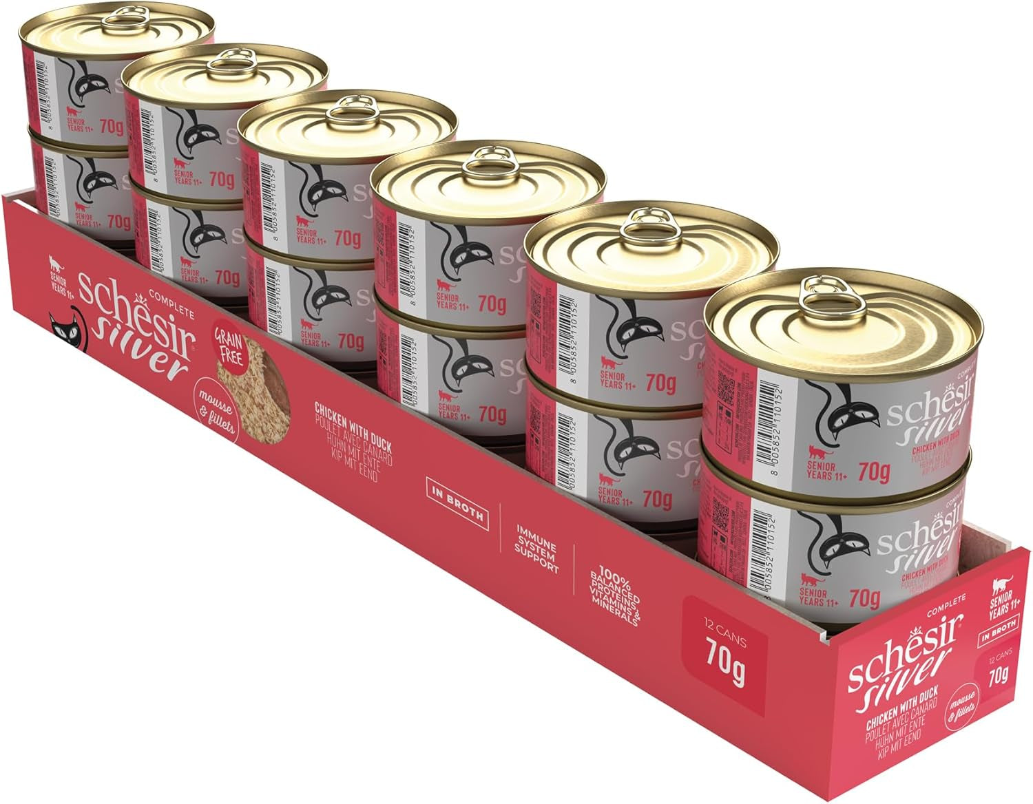 Silver, Pui cu Mousse de Rață și Fileuri, Hrană Umedă Completă pentru Pisici Senior, Fără Cereale, Suport Imunitar, Sursă de Umiditate, 12 x 70g