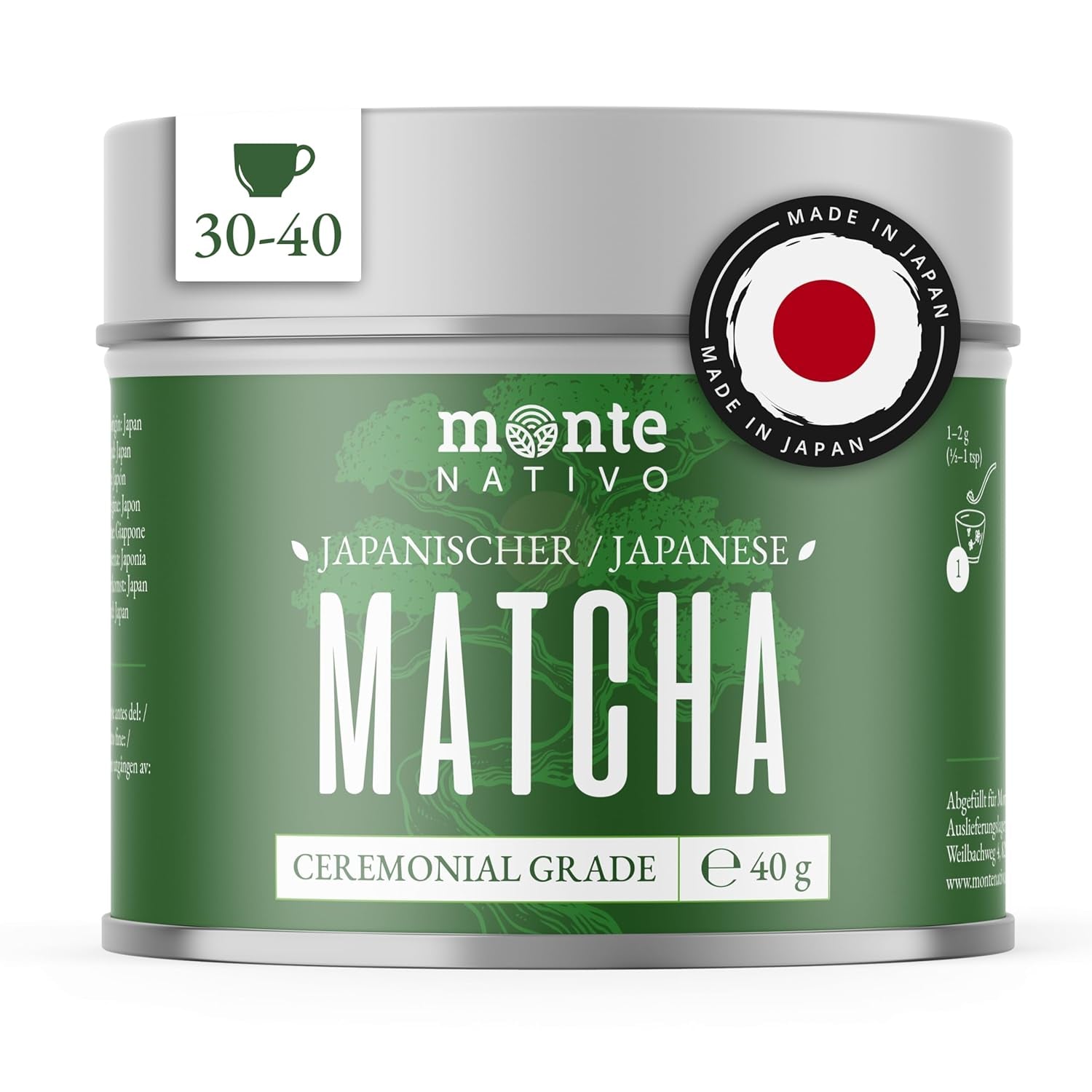 Pudră de matcha ceremonială Monte Nativo (40 g) - perfectă pentru ceai matcha, latte și smoothie - ceai verde din Japonia - calitate ceremonială, în cutie metalică - 100% pură, fără gluten, măcinată fin
