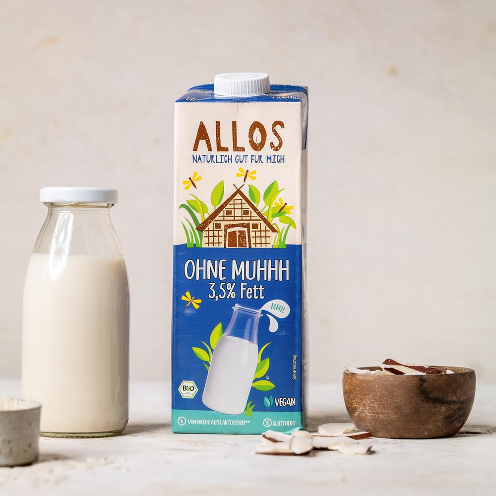 Allos Bio Ohne Muhhh 3,5 % | Milchalternativa | Drink auf Pflanzenbasis | vegan | schäumbar | ideální pro kávu bez laktózy | Zdroje vápníku a vitamínů | Reich an Protein | 1 litr (6 kusů)