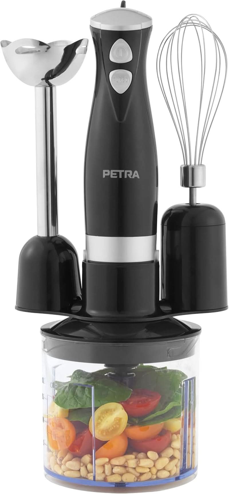 Petra PT2827BMBLKVDE 3-v-1 mixér – nástavce bez Bpa, 500 ml-Schüssel, 700 ml-Becher, Schneebesen, Mixen, Zerkleinern, 2 Geschwindigkeiten, Edelstahlklingen, Für Babynahrung, Na Saucenty Smooth a 50 Mixér 3v1