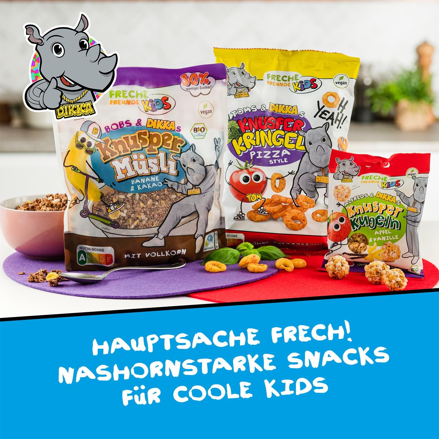 FRECHE FREUNDE KIDS, Bobs & DIKKAs Křupavé banánové kakaové müsli, křupavé čokoládové müsli pro děti, nízký obsah cukru, bez přísad, 100% vegan, 6 kusů (6 x 280 g)