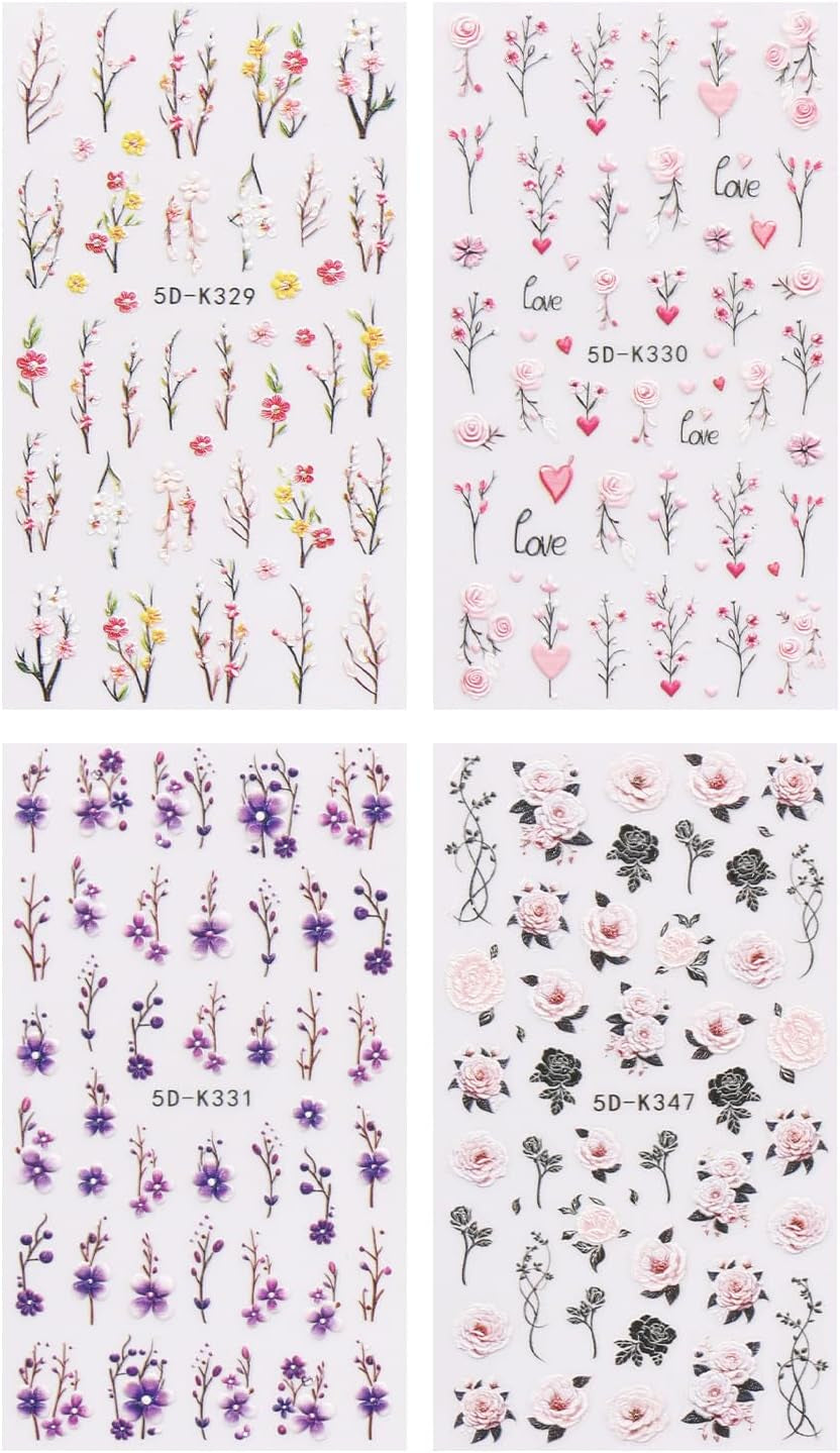 JMEOWIO 3D Nagelsticker Blumen Nail Art Sticker Selbstklebend Nagelaufkleber 5D Stereoskopisch Frühling Sommer Dekoration Nageldesign Zubehör 4 Blatt