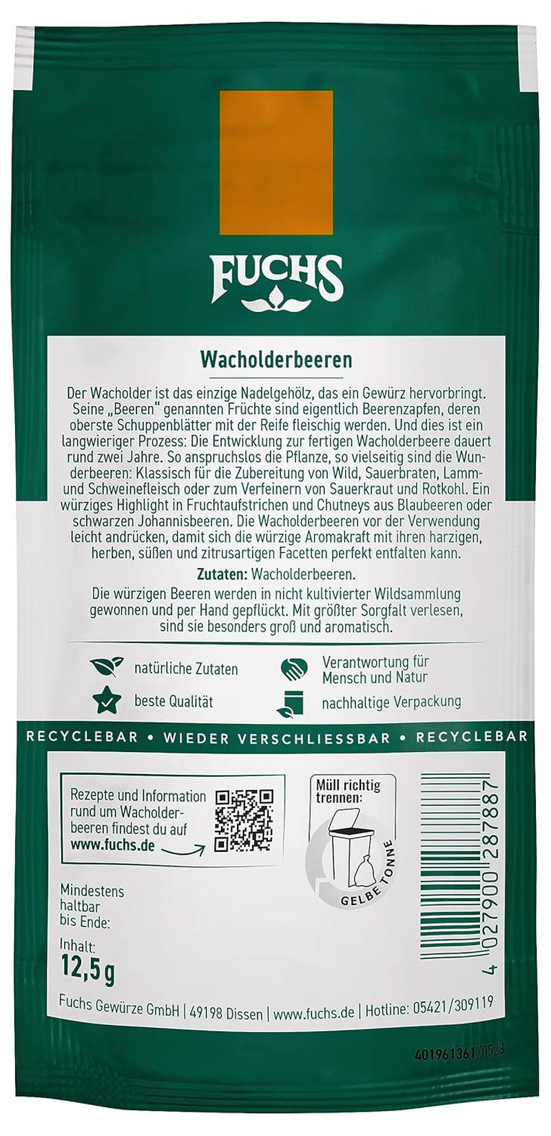 Fuchs Gewürze - Wacholderbeeren im wiederverschließbaren, recyklovatelné Beutel - aus natürliche Ingredient - 12,5 g