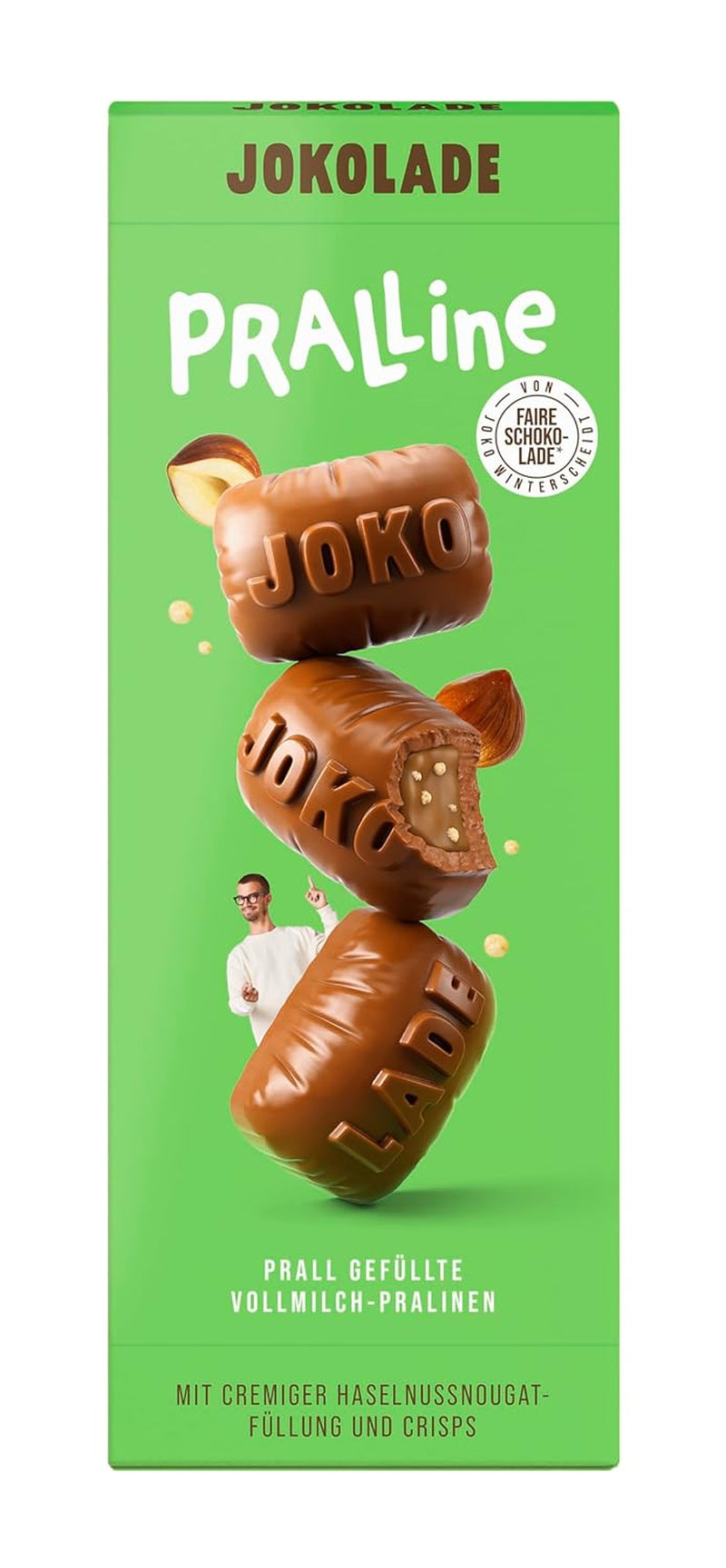 JOKOLADE PRALINE Krabička 80g | Bohatá náplň s lískooříškovým nugátovým krémem a hranolky | Fair trade čokoláda od Joko Winterscheidt