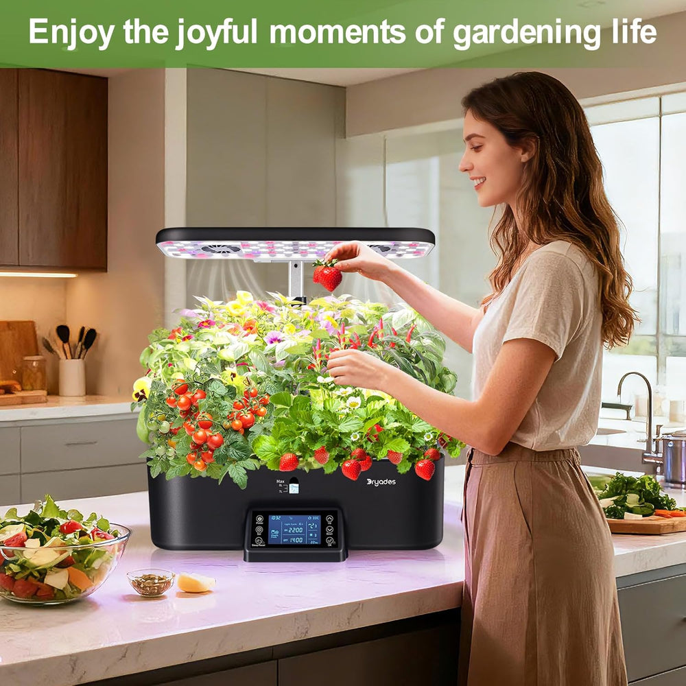 Vnitřní hydroponický pěstební systém s inteligentním nastavením rozvrhu osvětlení, celospektrální zahradní květináče na pěstování lehkých bylin, 17 kapslí, černá