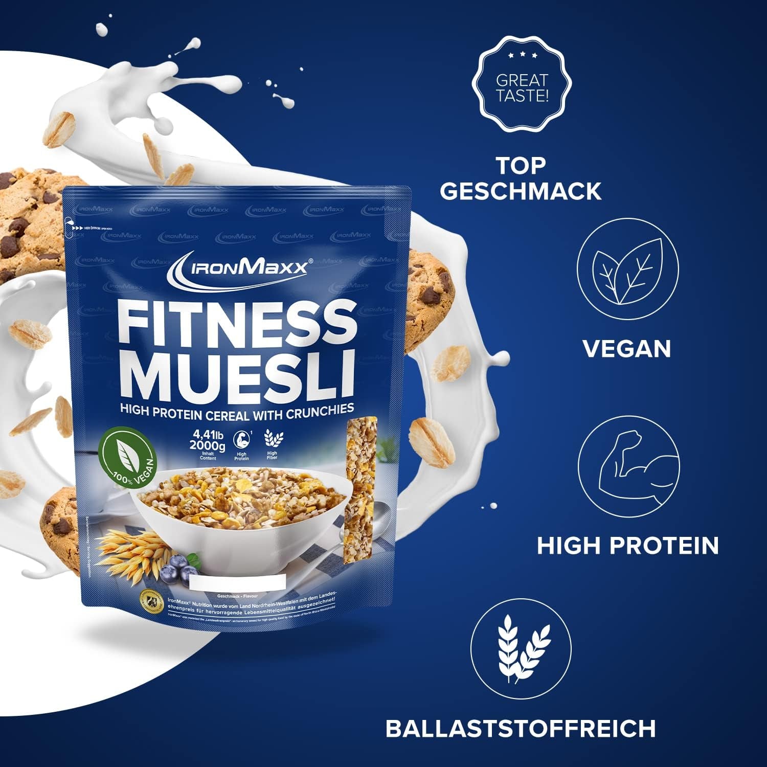 IronMaxx Fitness Müsli - Cookies & Cream, pytel 2 kg | Veganské müsli bohaté na bílkoviny s křupavým obsahem | Nízký obsah cukru a vysoký obsah vlákniny