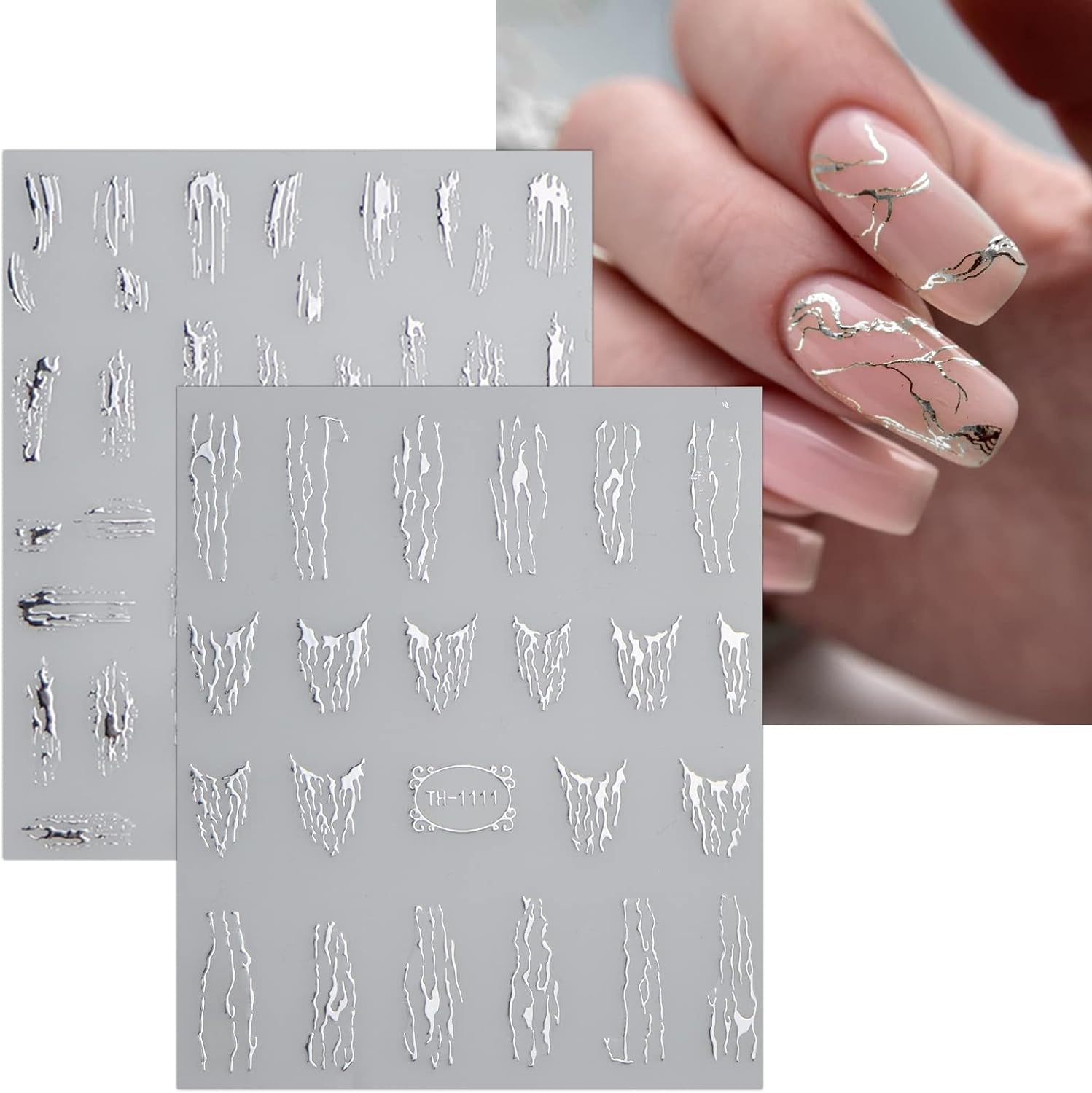 JMEOWIO Nagelsticker Marmor Linie 9 Blatt Nail Art Sticker Selbstklebend Nagelaufkleber Silber Bunt Dekoration Nageldesign Zubehör