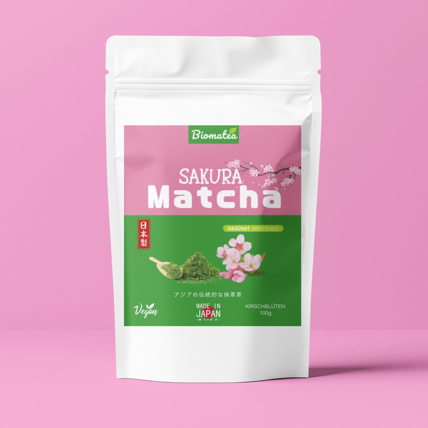 Pudră Matcha aromatizată – piersică japoneză, sakura sau mango – îndulcită – 100 g – solubilă instantaneu în apă sau lapte (Sakura)