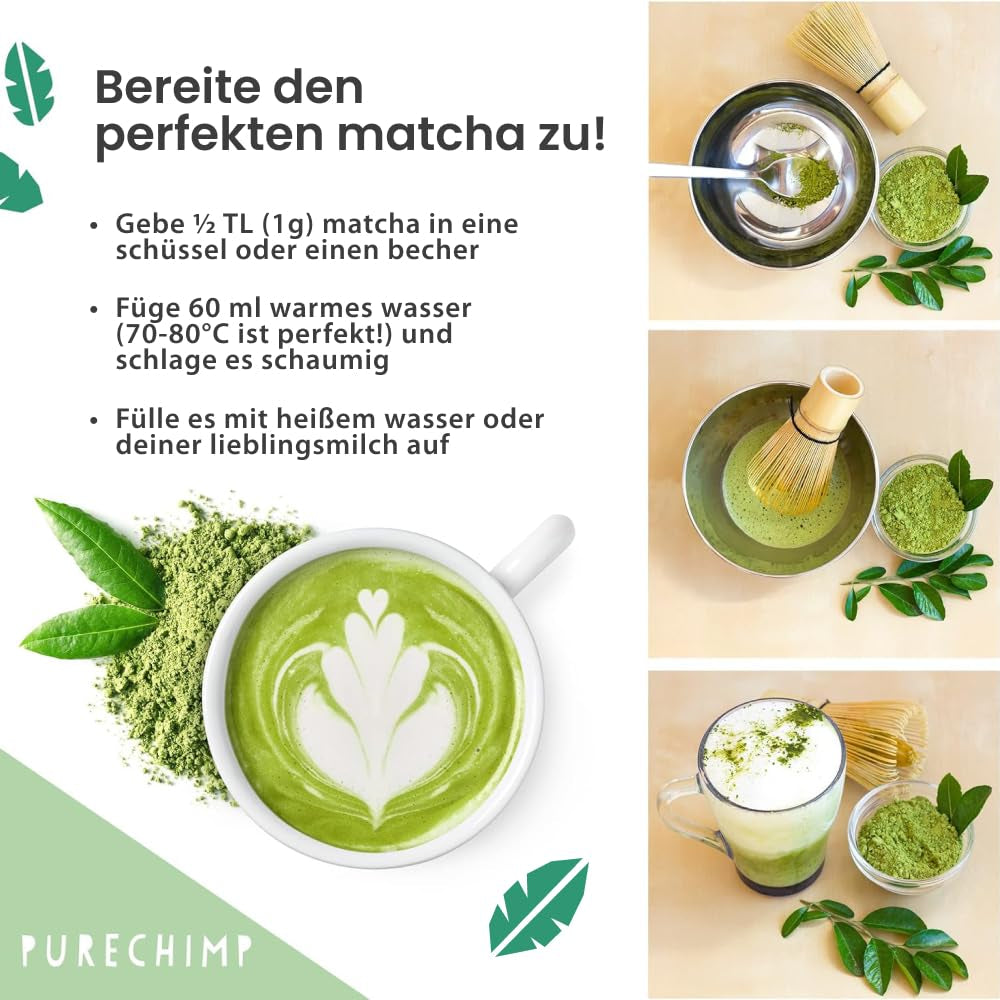 Purechimp Matcha ceremonial 100 g. Pulbere de ceai 100% pură din culturi umbrite pentru latte, infuzii și rețete. Pungă compostabilă. Bogată în antioxidanți.