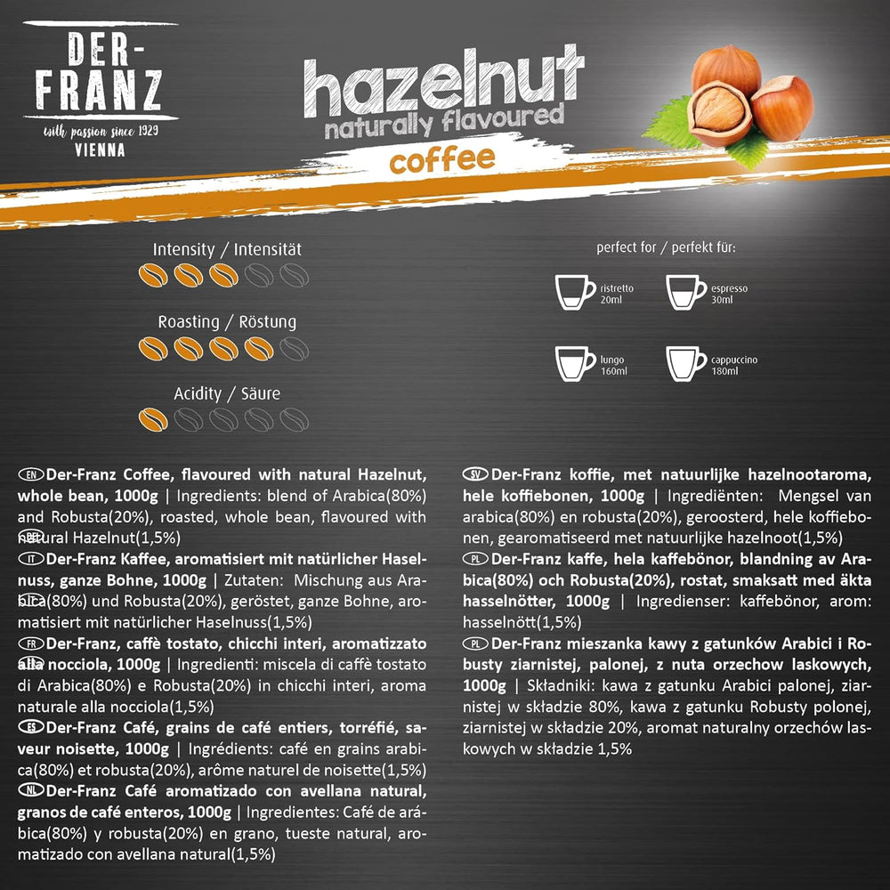 Der-Franz Kaffee, Mischung aus Arabica und Robusta, geröstet, ganze Bohne aromatisiert mit natürlicher Haselnuss UTZ, 1000 g