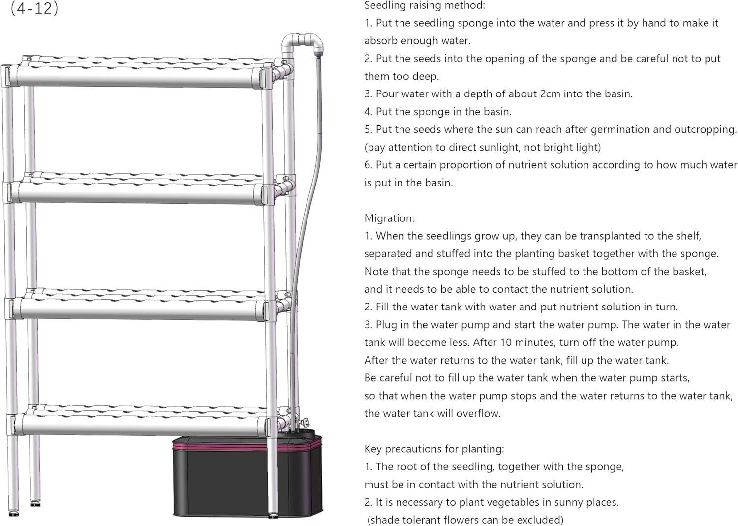 Sada pro hydroponické pěstování se 108 místy pro výsadbu, 4 úrovněmi s vodní pumpou. Hydroponický systém vyrobený z potravinářských PVC-U trubek pro domácí, balkónovou, zahradní a balkónovou zeleninu.