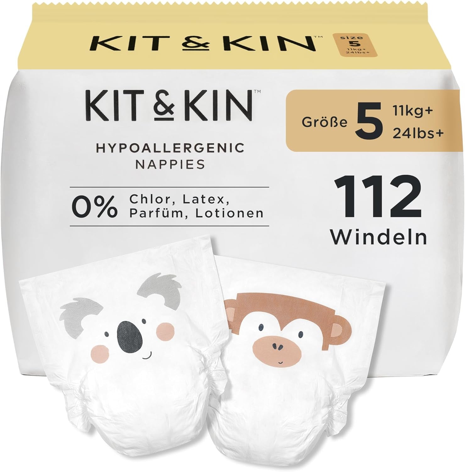Plenky Kit & Kin Premium, velikost 4 (9–14 kg), počet 128, rostlinné a hypoalergenní, spolehlivá ochrana proti úniku, veganské a bez krutosti