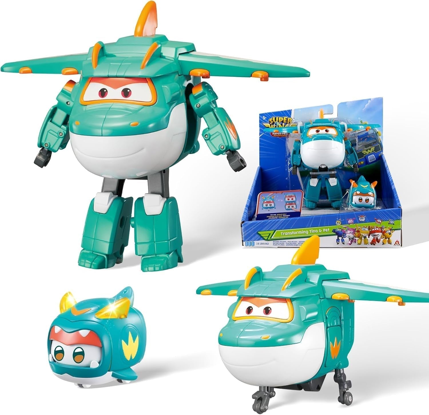 Super Wings EU770447 - Transformující se Tino & Pet, transformující se figurka cca. 14,5 cm a mazlíček o výšce cca. 4,3 cm, pro děti od 3 let Akční figurky Naty Shop Tino