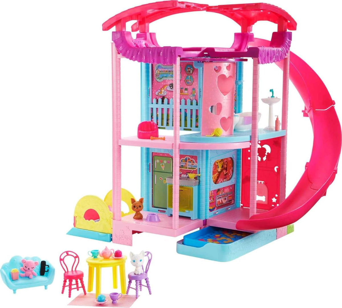 Barbie Chelsea Playhouse - 3 etaje cu funcție de transformare, zone de joacă secrete, lift, piscină, tobogan, 2 animale de companie și mai mult de 20 de accesorii, pentru copii cu vârsta de peste 3 ani, HHX44 Casute de papusi Naty Shop Titlu implicit