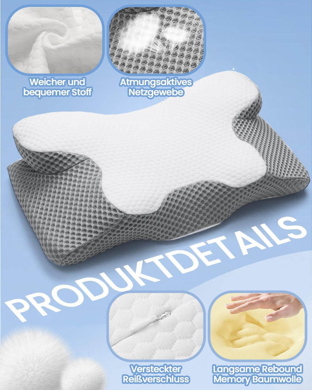 Pernă pentru gât 2 în 1 Pernă, pernă cu spumă de memorie, pernă ortopedică ergonomică, 2 înălțimi de dormit, pernă de sprijin pentru gât pentru sprijin lateral / spate / burtă Perne ortopedice cervicale Naty Shop