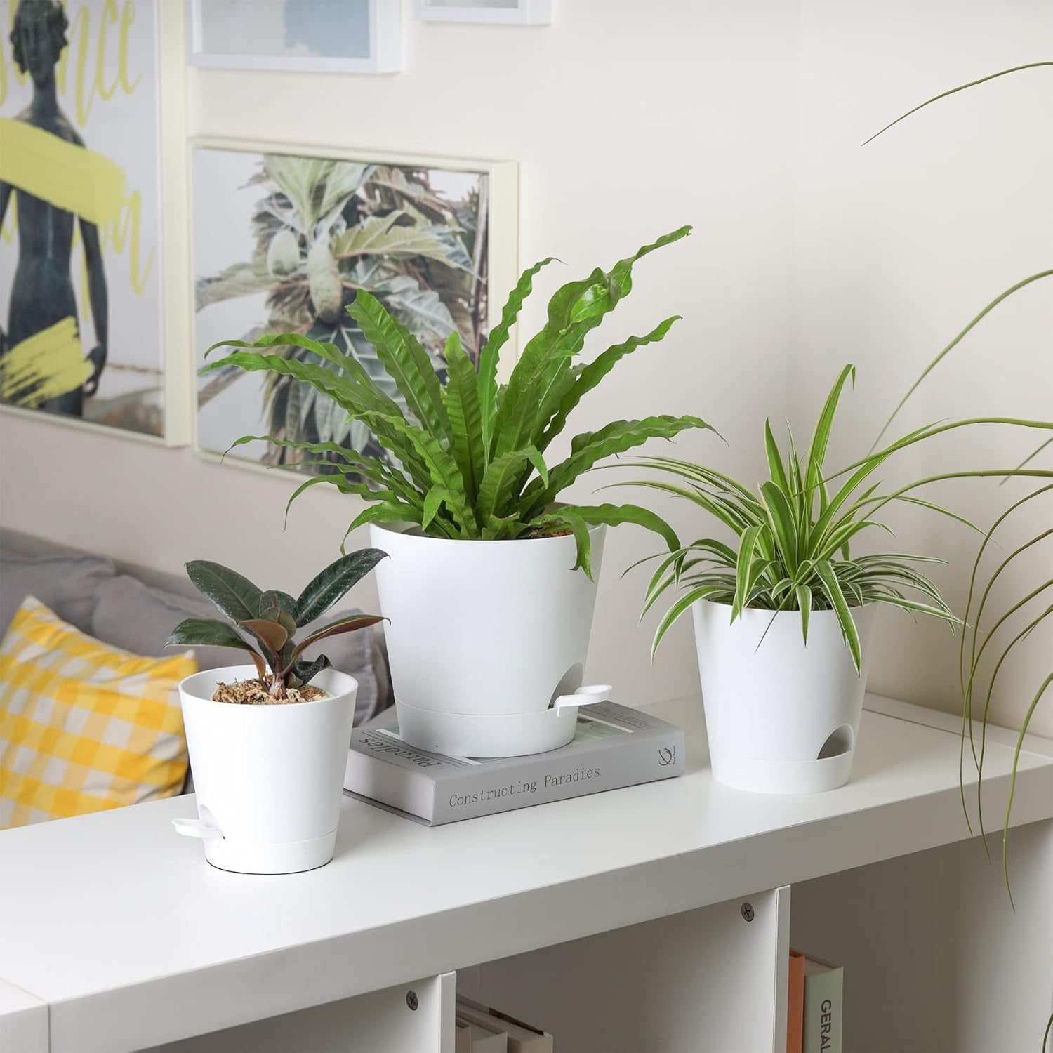 T4U 14cm plastové květináče se zavlažovacím systémem, sada 6 samozavlažovacích květináčů a podšálků, kulaté květináče pro pokojové rostliny na balkónové zahradě, sukulenty, kaktusy, bílá