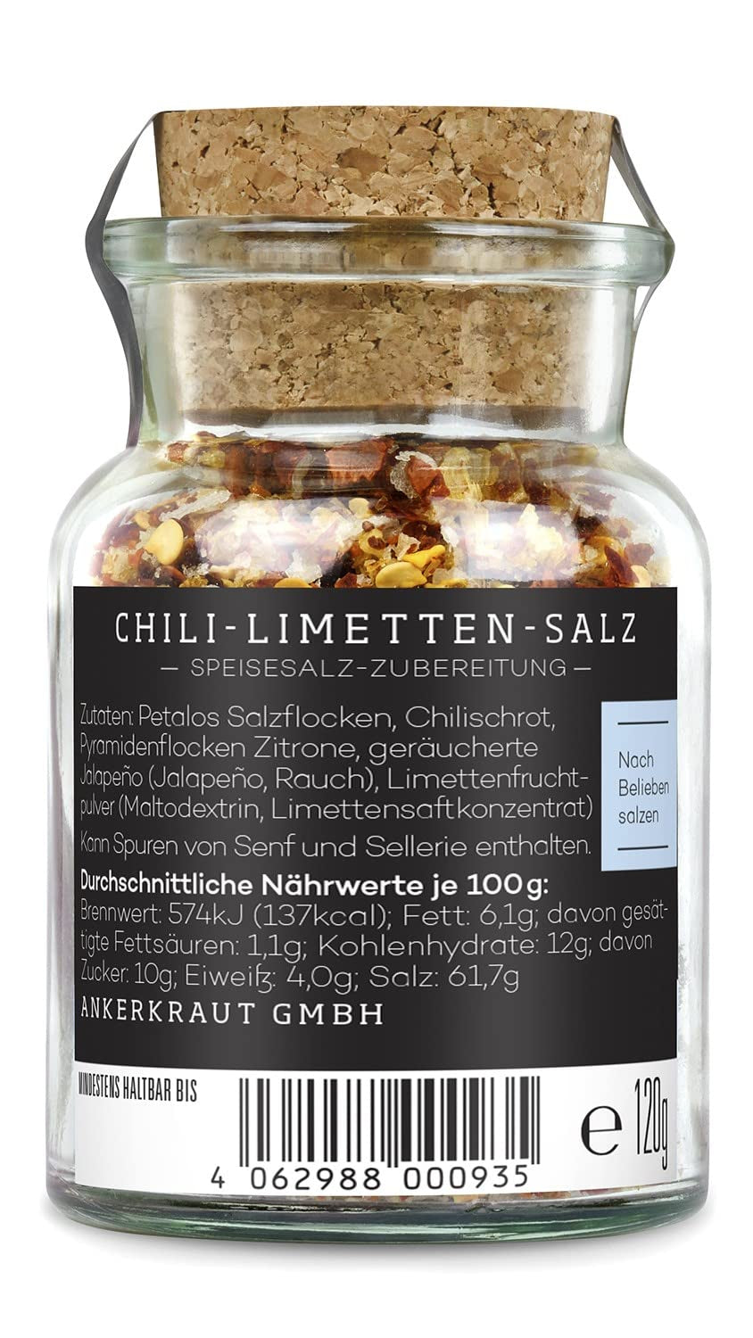 Ankerkraut Chili-Lime-Salz, 70g v korkovém skle, Speise-Salz Mischung für Steak Fisch Salát Asia Gerichte, Allrounder mit Gesmack und Qualität