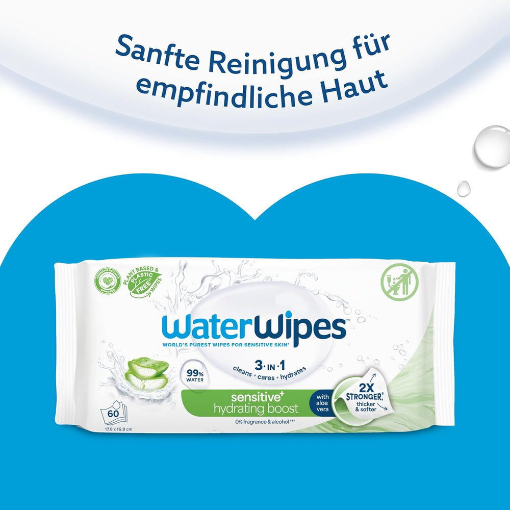 WaterWipes Sensitive+ Hydrating Boost vlhčené ubrousky, hydratační ubrousky, 360 kusů (6 balení), 3v1 čistí, pečují, hydratují, 99% voda z Aloe Vera, neparfémované dětské ubrousky