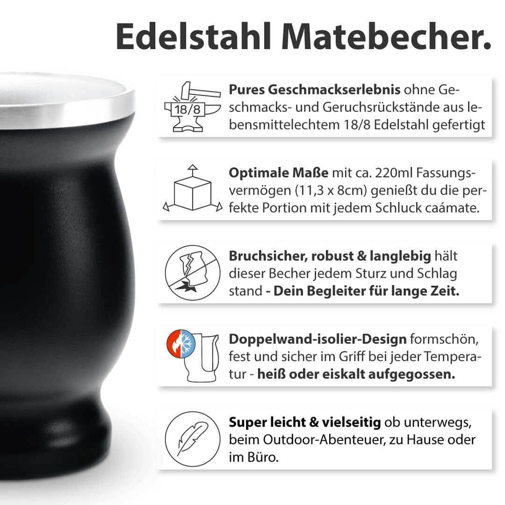 Set de ceai Mate Bio ● 3 sortimente de mate + cană Mate din oțel inoxidabil cu pereți dubli + Bombilla + instrucțiuni de preparare (negru)