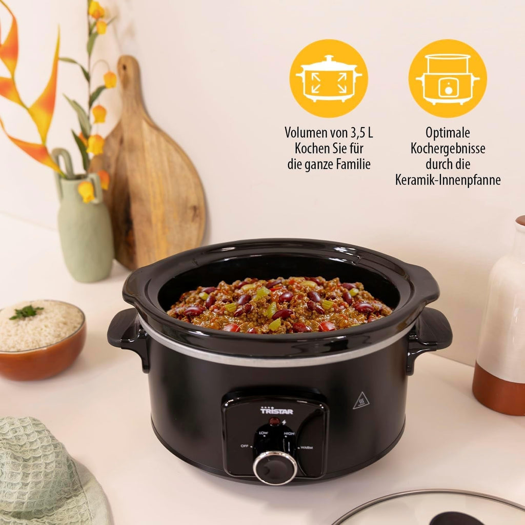 Tristar VS-3915 slow cooker, vas ceramic din oțel inoxidabil cu 2 setări de căldură și funcție de menținere la cald, 3,5 L Slow Cooker Naty Shop