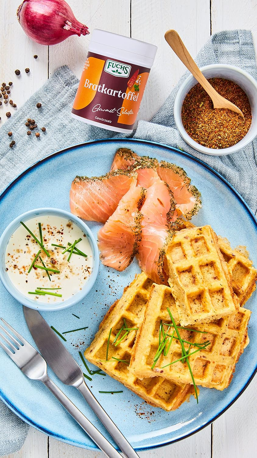 Fuchs Gourmet Selection Klassisch/Heimisch – Bratkartoffel Gewürzsalz, nachfüllbares Kartoffel Gewürz, Salz zum Würzen von Brat- & Ofenkartoffeln, Pommes Frites & Co, vegan, 70 g