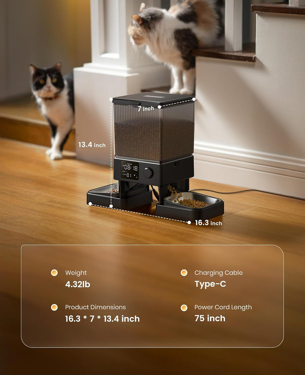 Oneisall 5L Futterautomat Katze 2 Näpfe, Katzenfutter Automat s einem Knopf, Einfache Bedienung, Futterspender für Katzen/Hunde, mit Edelstahlschüssel, Voice Recorder, für kleine/mittlere Haustiere