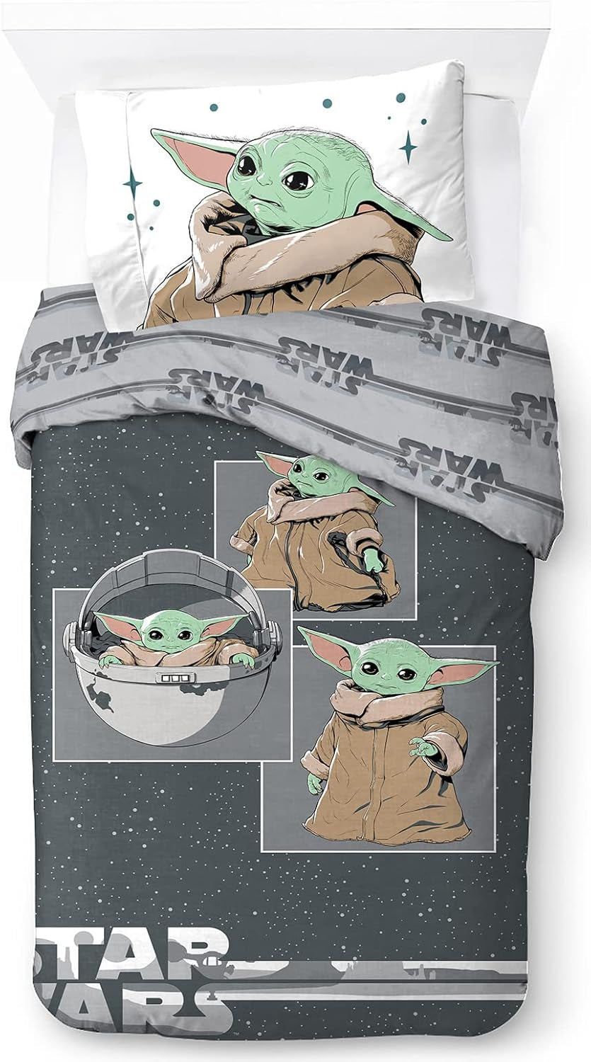 Povlečení pro děti, unisex, princezny a superhrdiny, 100% bavlna Povlečení pro děti Naty Shop Grey - Mandalorian 135X200/50X70 (2 kusy)