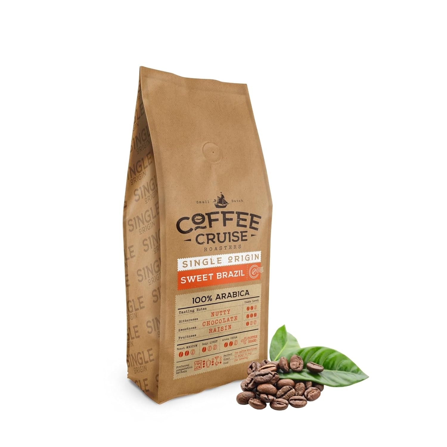 COFFEE CRUISE Sweet Brazil Brasilianische Kaffeebohnen 1kg - Mittlere Röstung - Aroma Kakao und Schokolade - Für Alle Kaffeemaschinen - 100% Arabisch