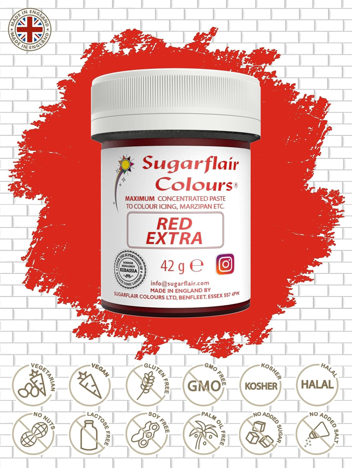 Colorant alimentar Sugarflair Max Concentrated Red Extra, colorant alimentar foarte concentrat pentru marțipan și fondant, colorant pastă Max Concentrate - 42 g